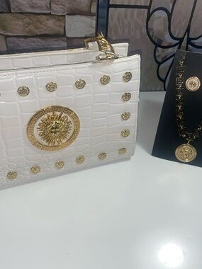 White Croc-Embossed Clutch with Gold Medallion Accents